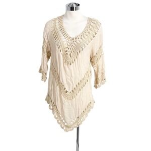Ecote Boho Crochet Trim Tunic Top Cream Beige Beach Blouse Casual Size small